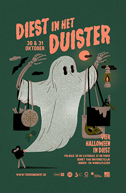 On Halloween It gets spooky in the city of Diest: Creepy guided walks, late night shopping for those that dare, movies to make you shiver, … As a ‘sort of warning sign’, we were asked to design a haunting leaflet, poster and animation.