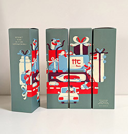 Each holiday season the Trade & Transport Corporation TTC treats their relations to a bottle of champagne housed in a colourful illustrated box, each year designed by someone new. In 2024, we had the lovely opportunity to take this fun task upon us!