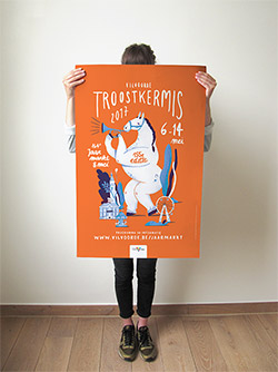 Poster design for Vilvoorde’s Troostkermis 2017, by tradition with the illustration of a Belgian horse. ‘Vilvoorde Troostkermis’ is an annual fair organised by the city of Vilvoorde, famous for its ‘Jaarmarkt’, a day on which farmers gather and compete for a special price on having the most beautiful animal in their category.